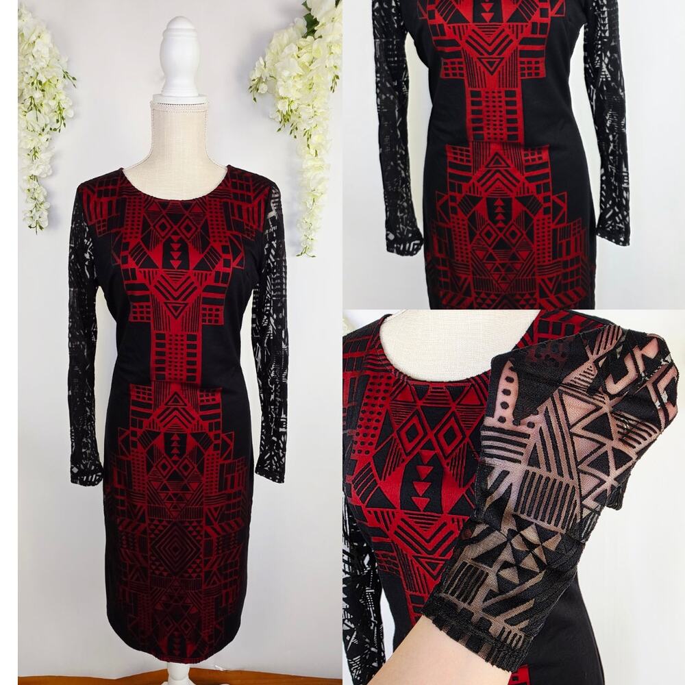 Nicole Miller Sheath Dress Medium Red Black Geometric Mesh Sleeve Boho Artsy Edg